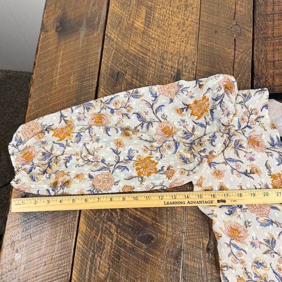 Joie Faux-Wrap Cropped Floral Top Smocked Sheer Sleeves Cream Orange Boho Print - Picture 10 of 12